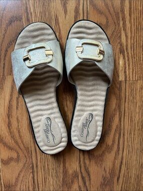 Comfortiva Metallic Gold Slide Mules with Gold Buckle Accent